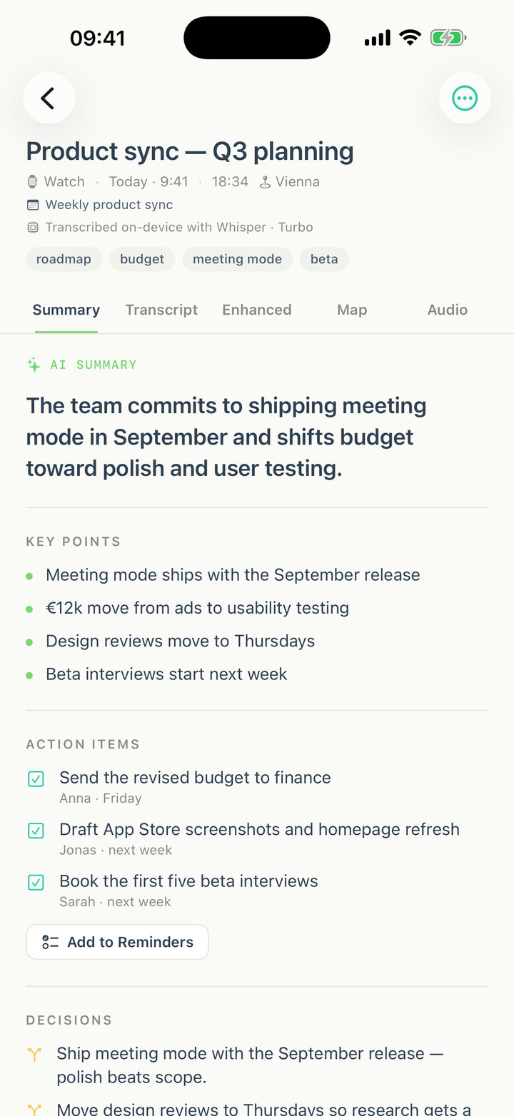 AI summary with action items and decisions