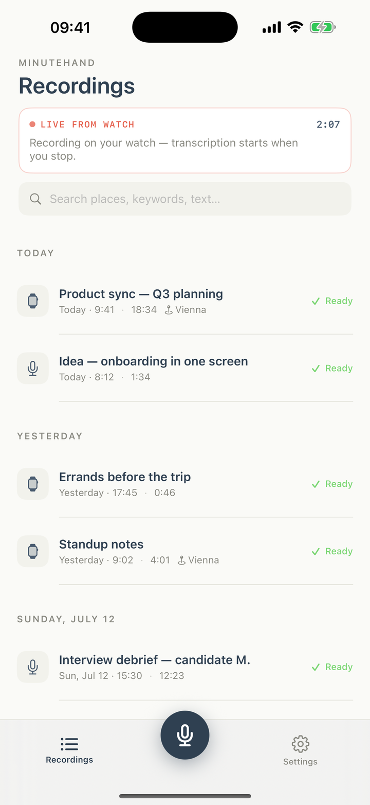 Minutehand on iPhone showing a live watch recording