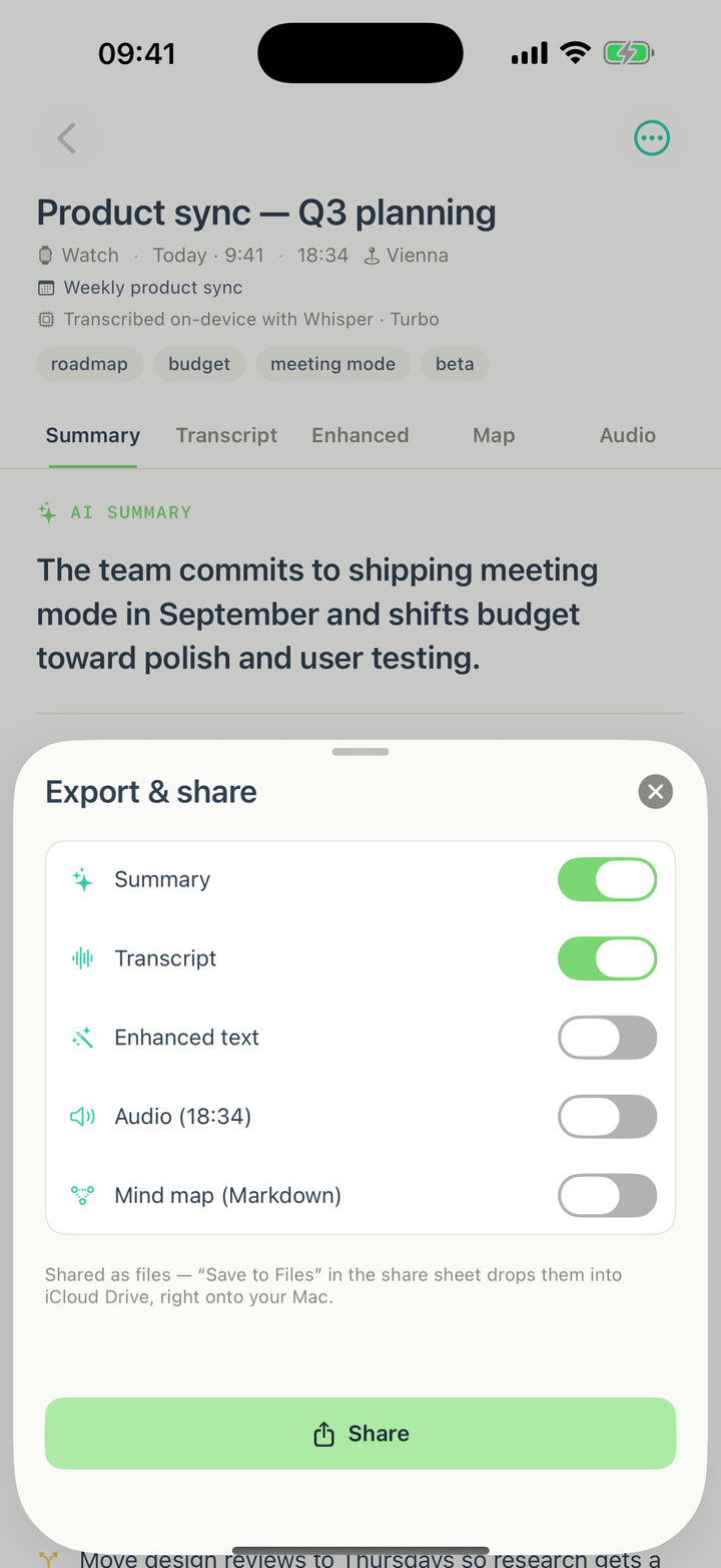 Export sheet with summary, transcript, audio and mind map